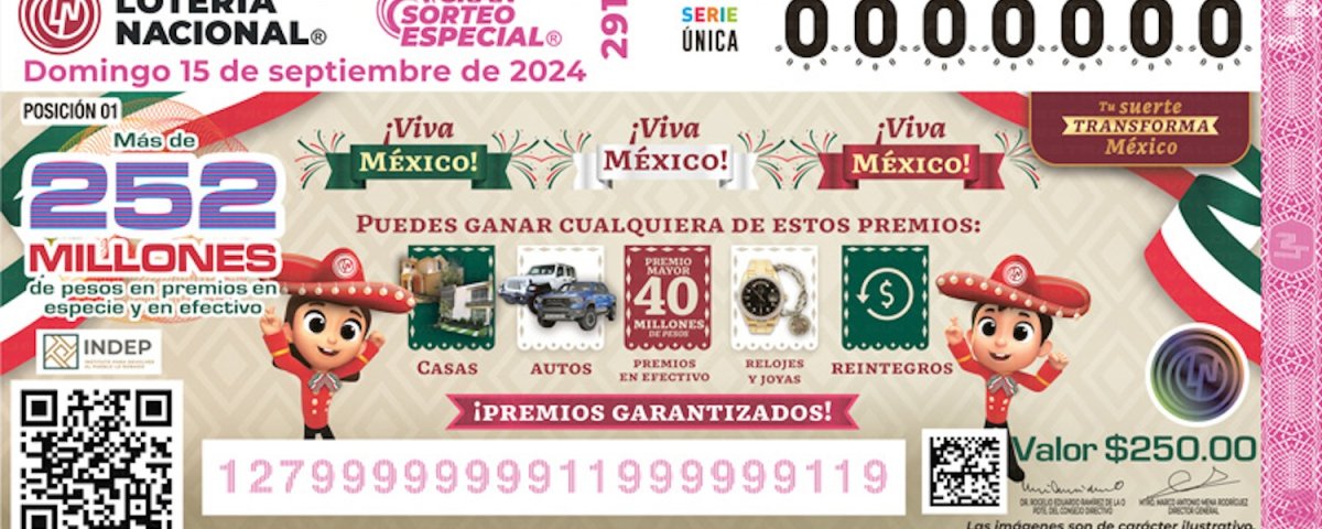 Con un premio de 40 millones, la Lotería Nacional lanza el Gran Sorteo especial del sexenio a celebrarse el 15 de septiembre.