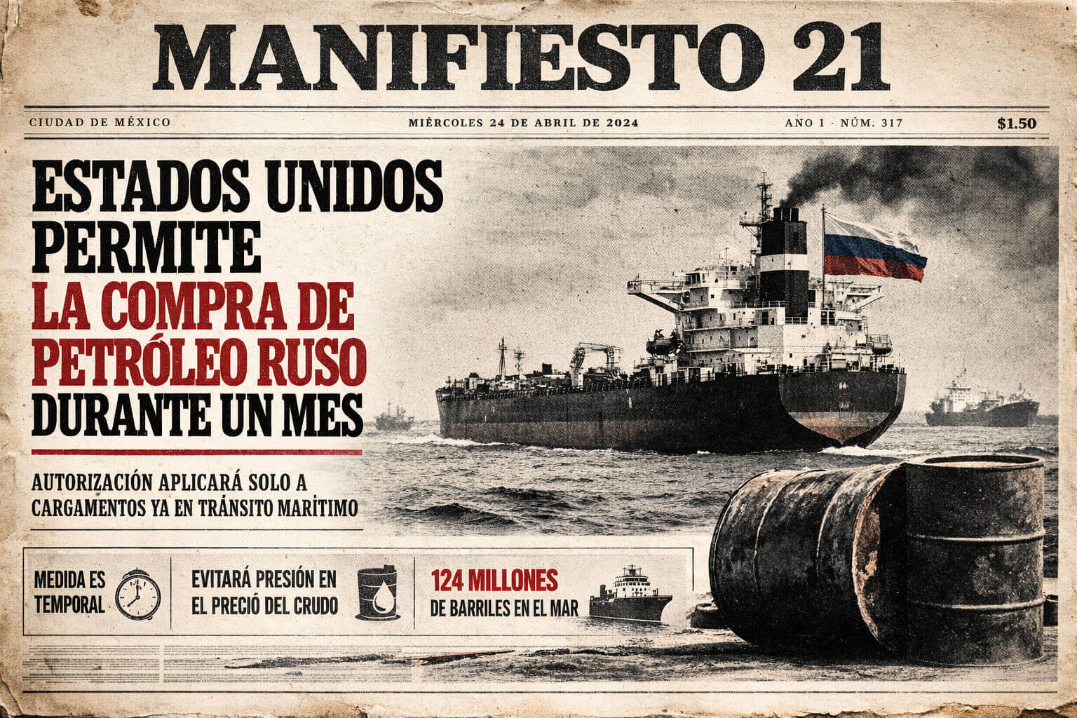 Estados Unidos permite durante un mes la compra de petróleo ruso en tránsito